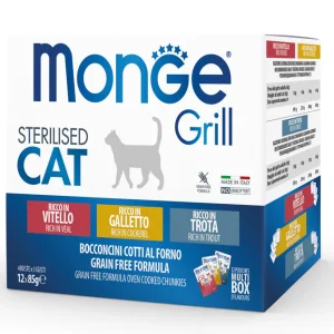 12x85g Monge Grill Sterilised Grain Free Vitello Galletto e Trota