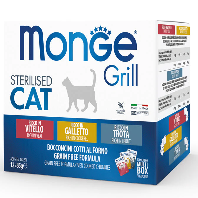 12x85g Monge Grill Sterilised Grain Free Vitello Galletto e Trota