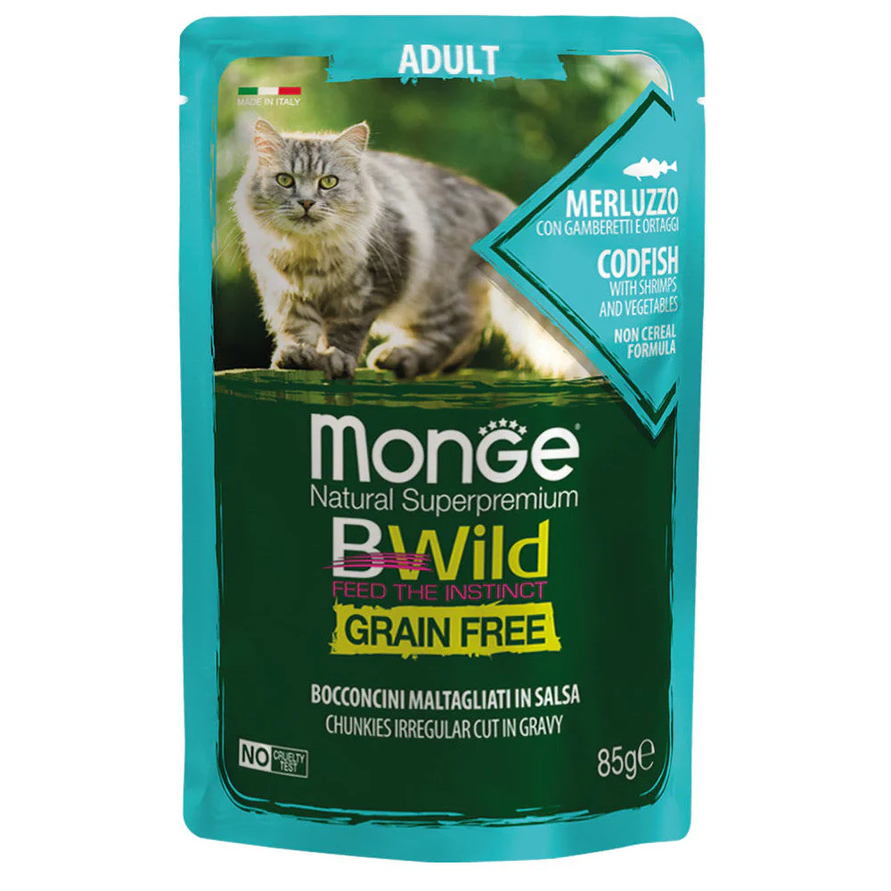 Monge Bwild Grain Free Merluzzo con Gamberetti e Ortaggi 85g - Gatto
