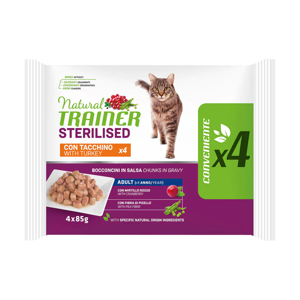 Natural Trainer Sterilised con Tacchino 4x85g Umido per Gatti Sterilizzati