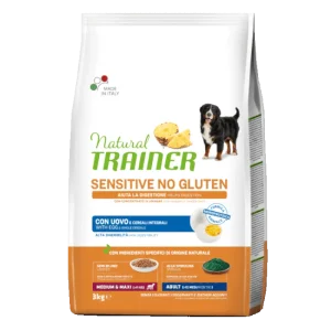 Natural Trainer Adult Sensitive No Gluten Uova e Cereali Integrali Medium e Maxi 3 Kg